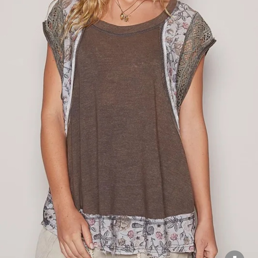 POL Brown Relaxed T-Shirt with Silver Cap Sleeves